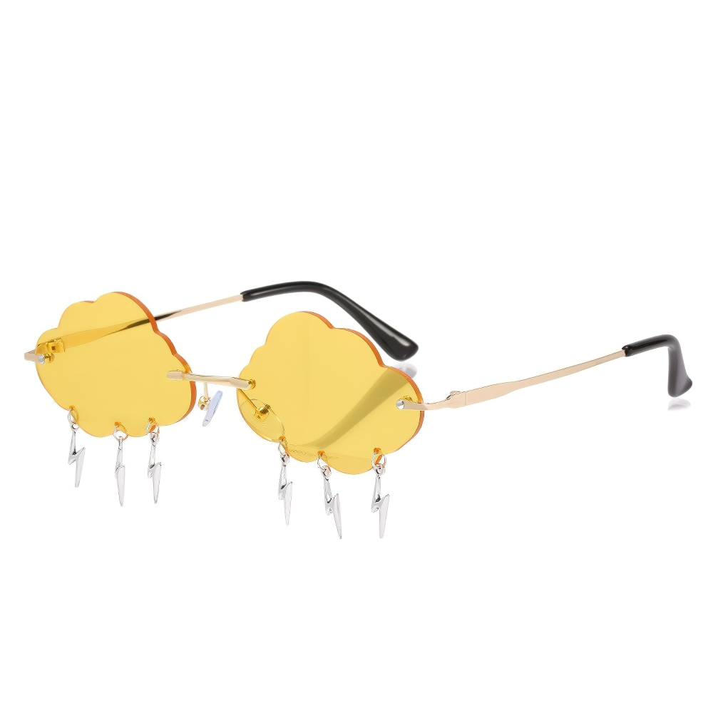 Vintage rimless cloud sunglasses in yellow with lightning decor, a trendy unisex accessory for a unique style.