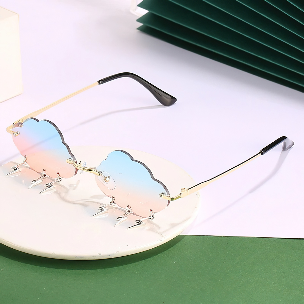 Unisex vintage rimless cloud sunglasses with colorful lenses and unique lightning decoration.