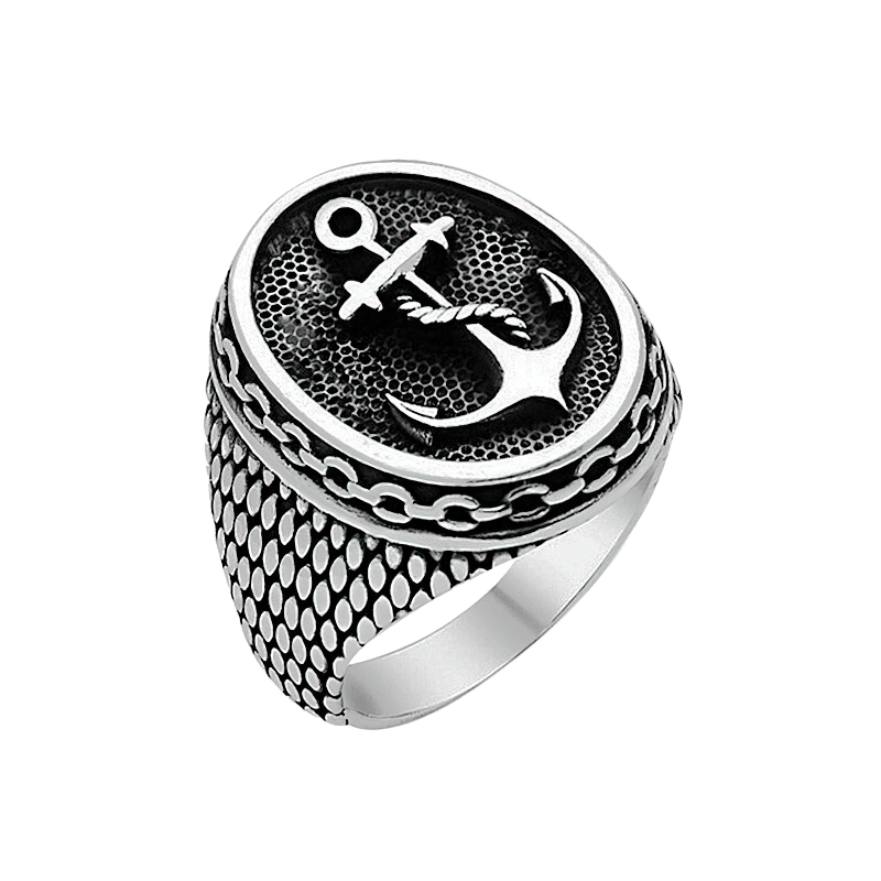 Unisex stainless steel anchor ring featuring detailed design; stylish accessory for men and women in alternative jewelry fashion.