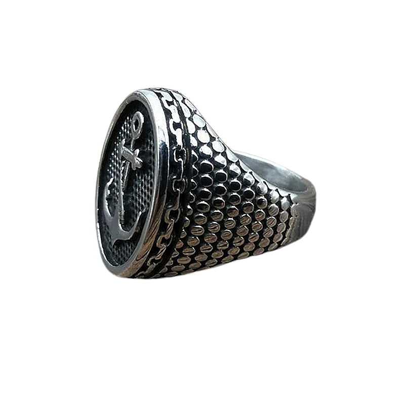 Unisex stainless steel anchor ring with textured design, perfect alternative jewelry for men and women.