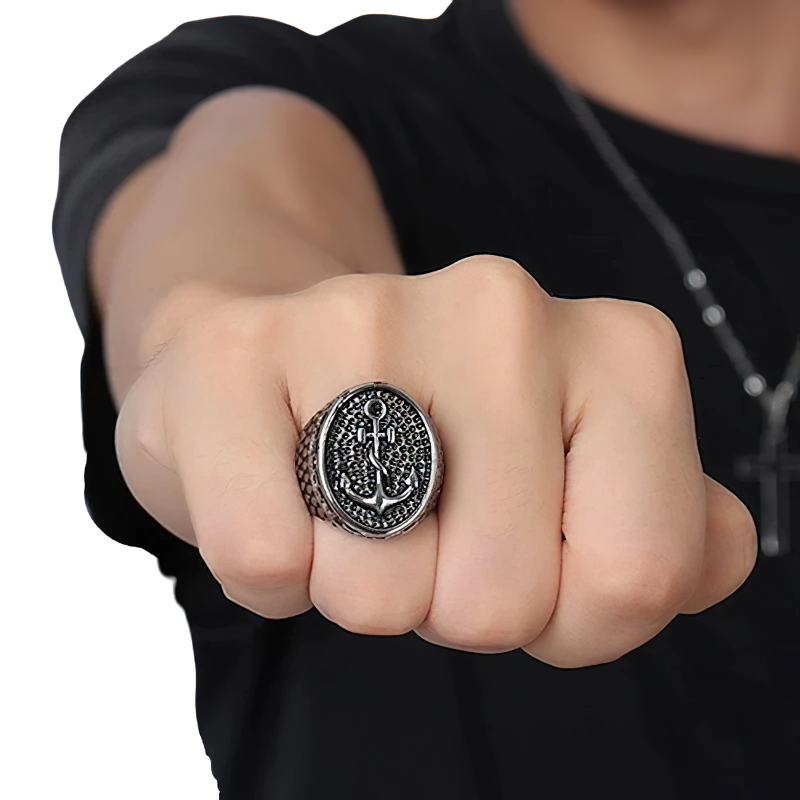 Unisex stainless steel vintage anchor ring showcased on a hand, perfect for alternative jewelry lovers.