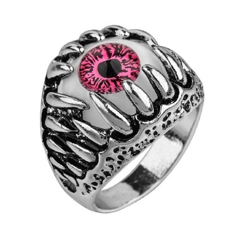 Vintage dragon claw ring featuring a striking pink evil eye design, perfect for punk fashion enthusiasts.
