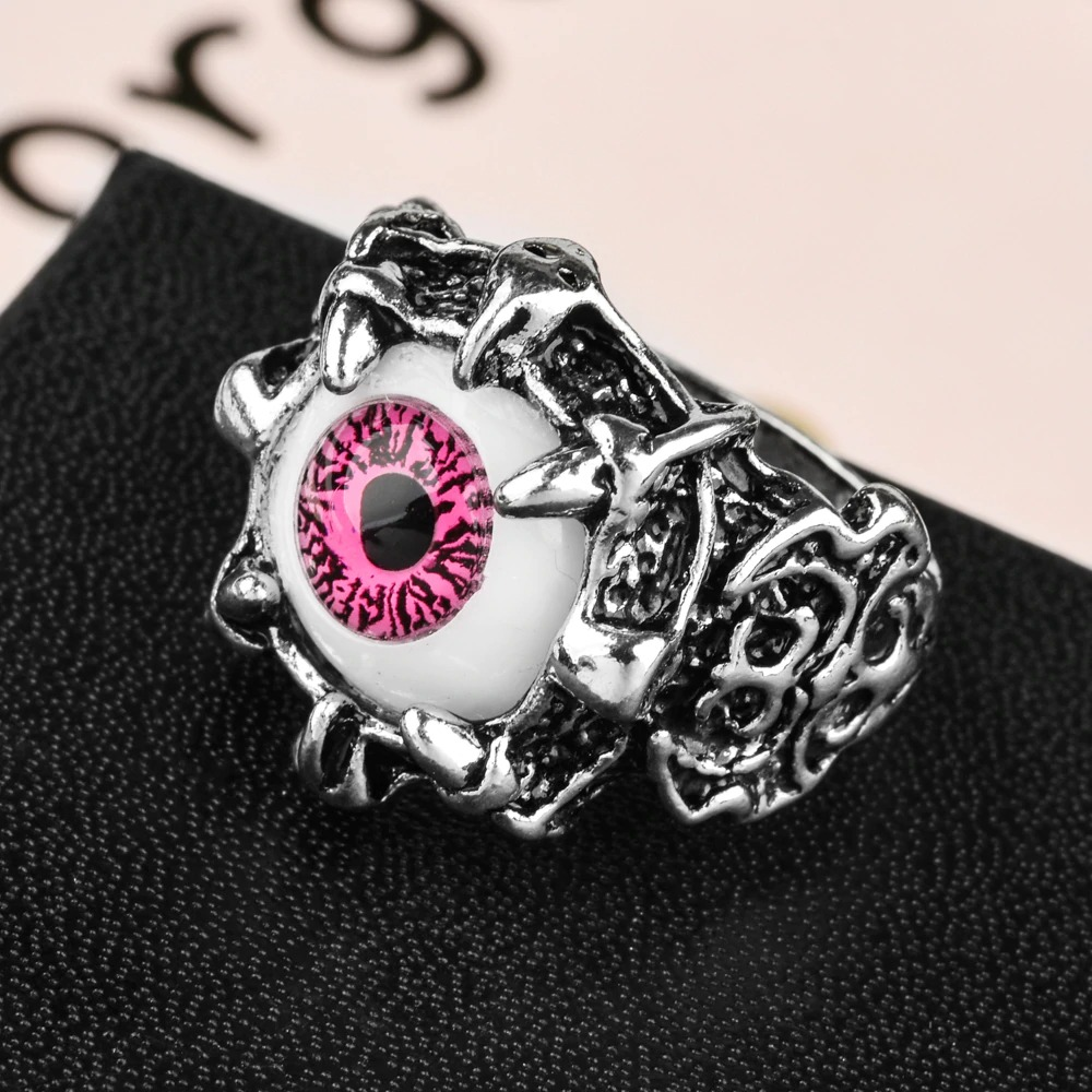 Punk vintage dragon claw ring with a striking pink evil eye design, perfect for edgy fashion enthusiasts.