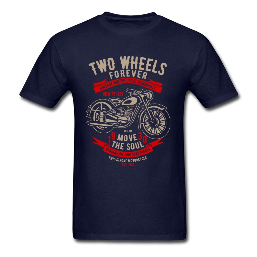 Vintage motorcycle t-shirt in navy with bold print referencing biker culture and two-stroke motorcycles.