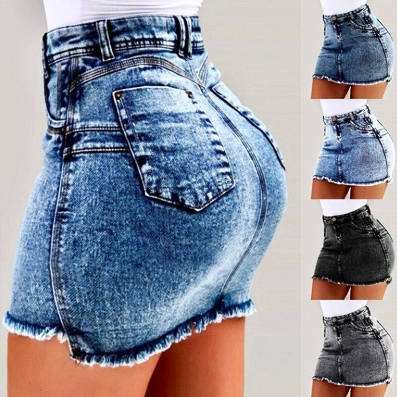 Women's vintage rock style short jeans skirt in various colors, showcasing trendy denim design and modern cut.