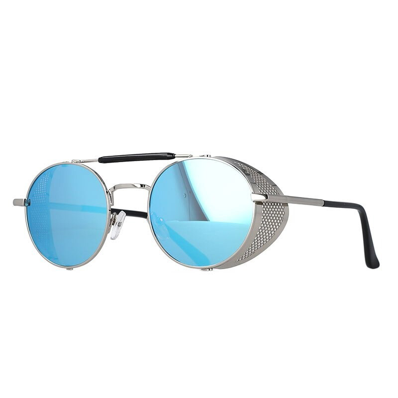 Vintage round metal sunglasses with blue polycarbonate lenses, perfect for retro and edgy fashion looks.