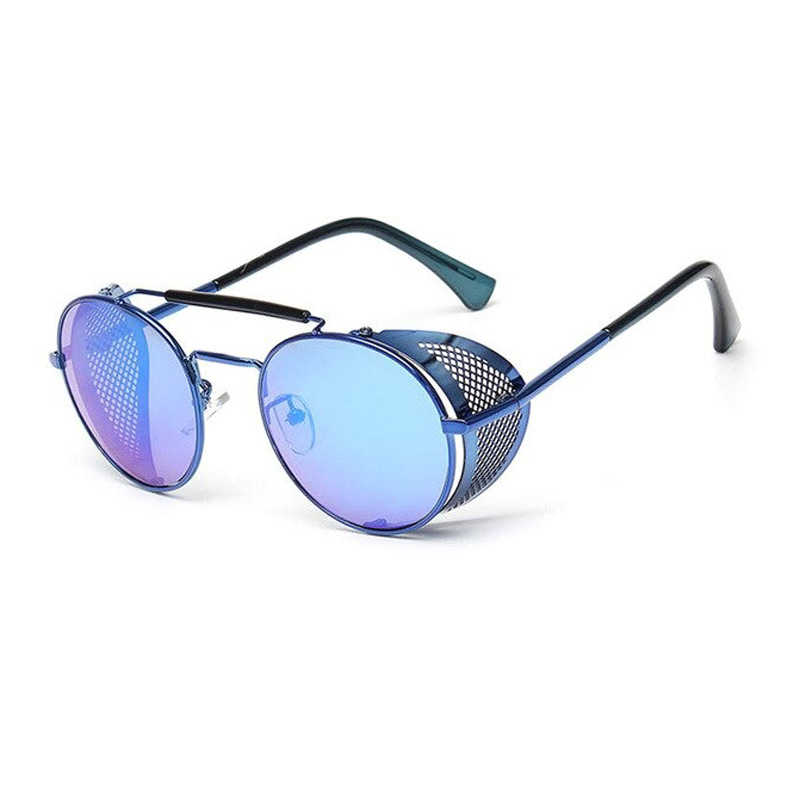 Vintage round metal sunglasses with blue reflective lenses, perfect for retro vibes and edgy outfits.
