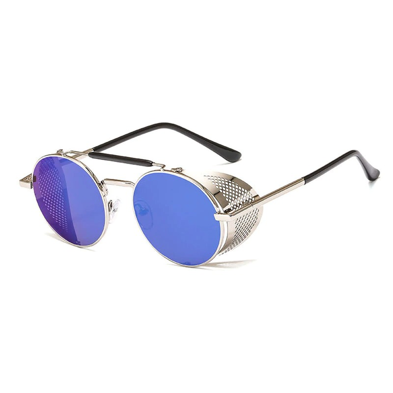 Vintage round metal sunglasses with blue polycarbonate lenses, perfect for retro and edgy outfits.