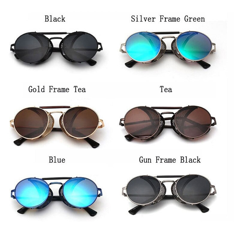 Vintage round metal sunglasses in various colors: black, silver frame green, gold frame tea, blue, and gun frame black.
