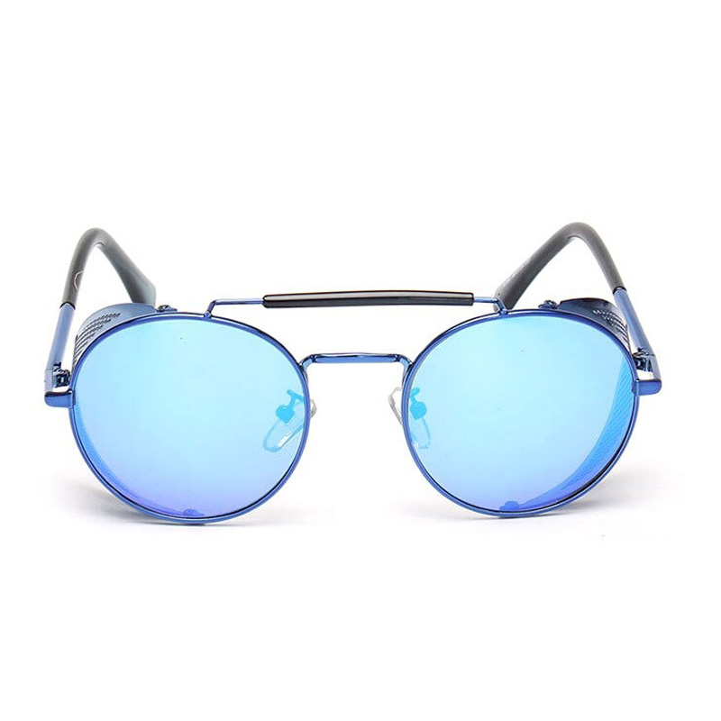 Vintage round metal sunglasses with blue lenses, perfect for stylish retro outfits.