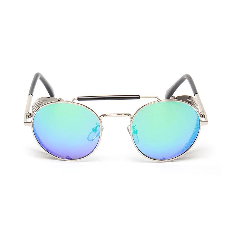 Vintage round metal sunglasses with blue-green reflective lenses, perfect for retro and edgy outfits.