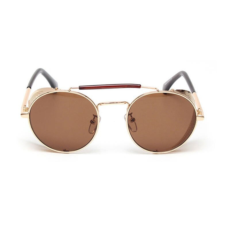Vintage round metal sunglasses with brown polycarbonate lenses for a retro touch to any outfit.