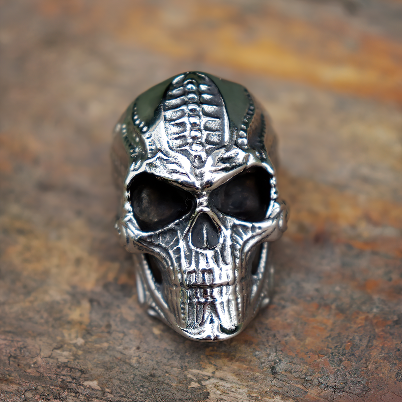 Vintage Gothic stainless steel skull ring showcasing a dark design, perfect for punk and goth styles.