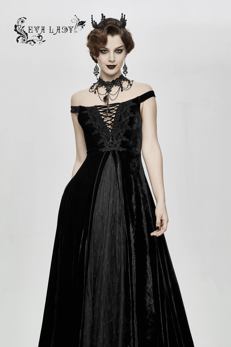 Vintage Sexy Off Shoulder Velvet Long Dress / Gothic Black Dress with Lace On Bodice & Lace-up Back - HARD'N'HEAVY