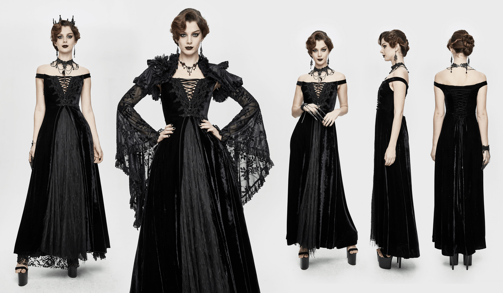 Elegant black off shoulder velvet long dress with lace bodice and lace-up back, perfect for gothic fashion.