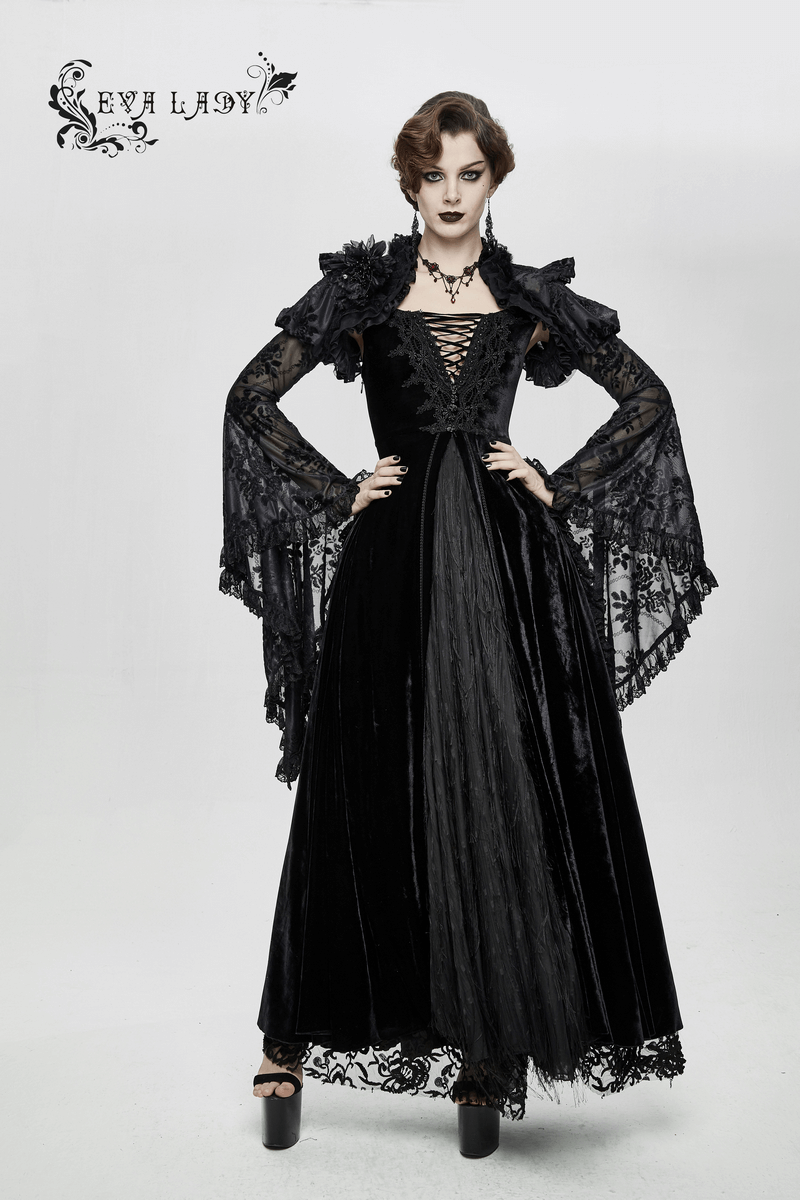 Elegant black velvet off-shoulder long dress with lace bodice and gothic style sleeves, perfect for a chic gothic look.