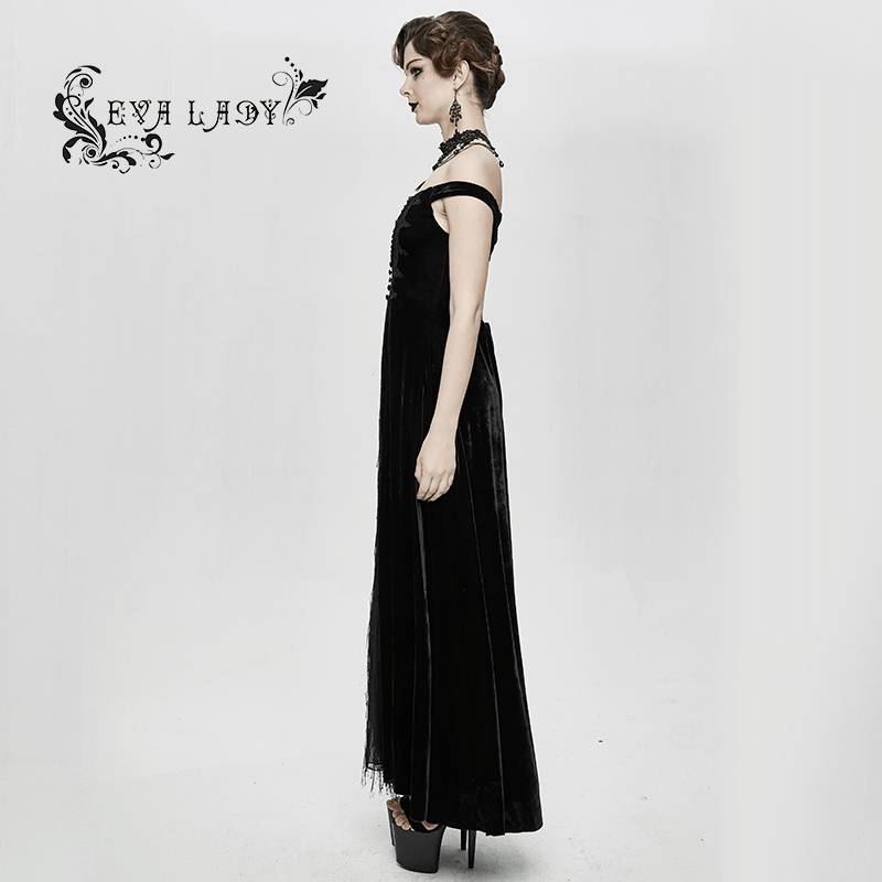 Vintage Sexy Off Shoulder Velvet Long Dress / Gothic Black Dress with Lace On Bodice & Lace-up Back - HARD'N'HEAVY