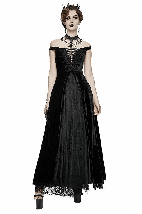 Vintage Sexy Off Shoulder Velvet Long Dress / Gothic Black Dress with Lace On Bodice & Lace-up Back