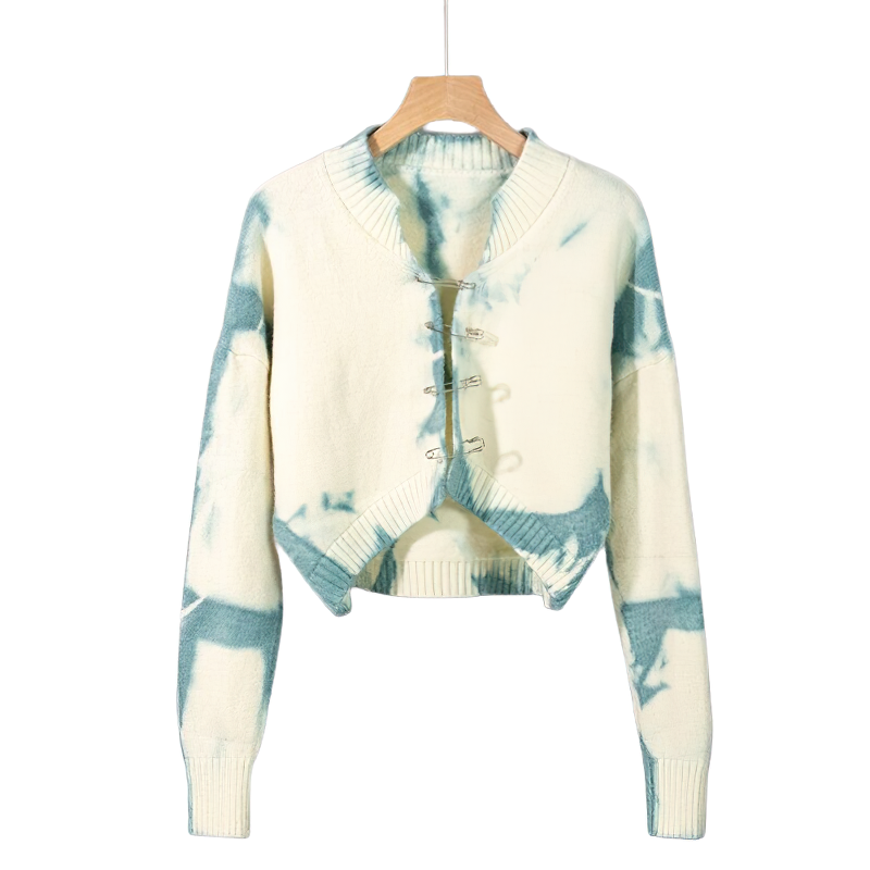 Vintage cropped cardigan for women in cream and blue tie-dye, featuring a loose fit and stylish button closure.