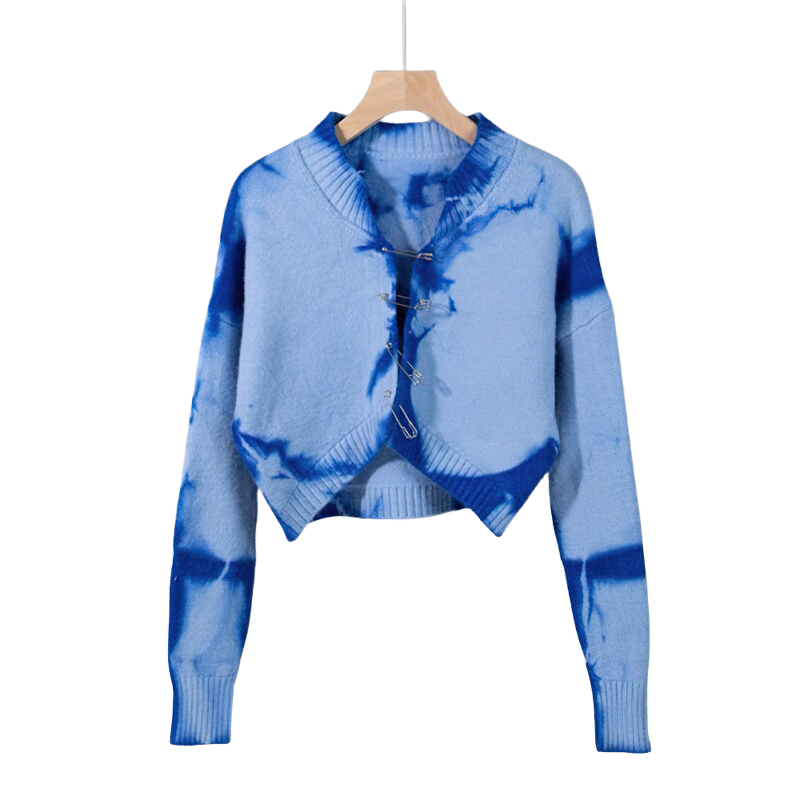 Vintage women's cropped cardigan in blue tie-dye, stylish and casual for effortless fashion.