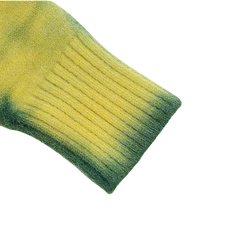 Cropped vintage cardigan sleeve in vibrant yellow and green ombre design, showcasing stylish ribbed texture.