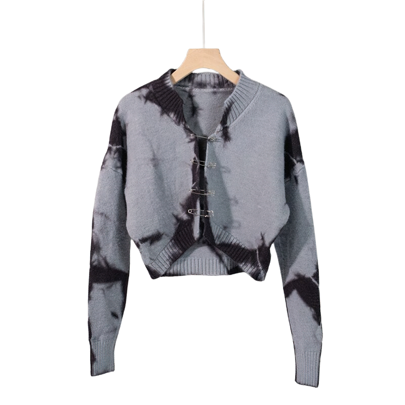 Vintage cropped cardigan for women in grey tie-dye, featuring a loose fit and stylish button-up design.