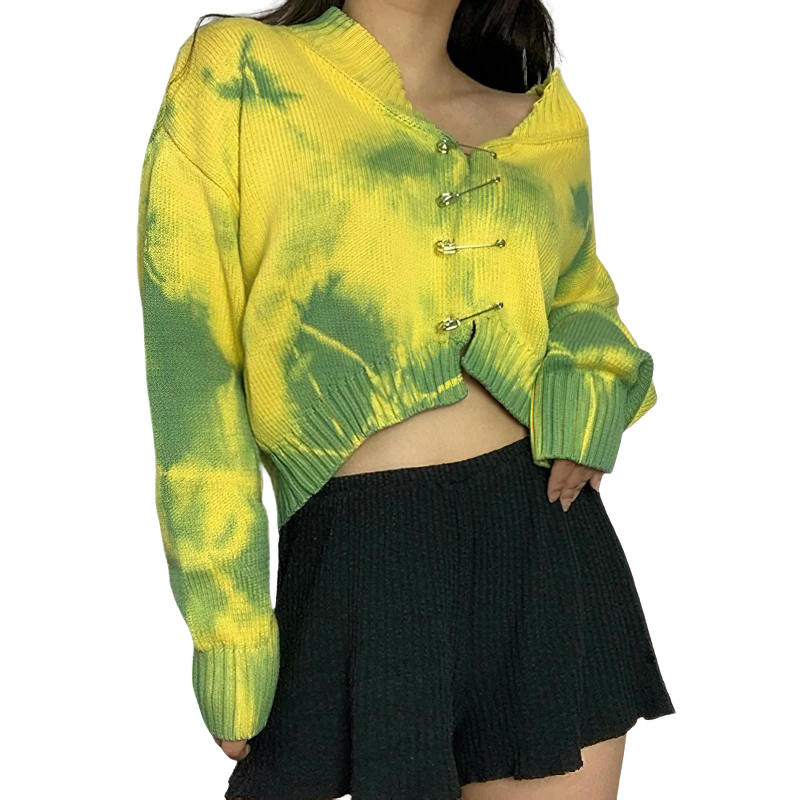 Trendy women's cropped cardigan in bright yellow and green tie-dye with fashionable cut-out details, perfect for casual wear.
