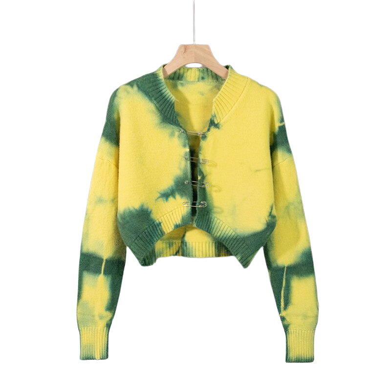 Vintage cropped cardigan for women in vibrant green and yellow tie-dye, perfect for casual outfits and stylish layering.