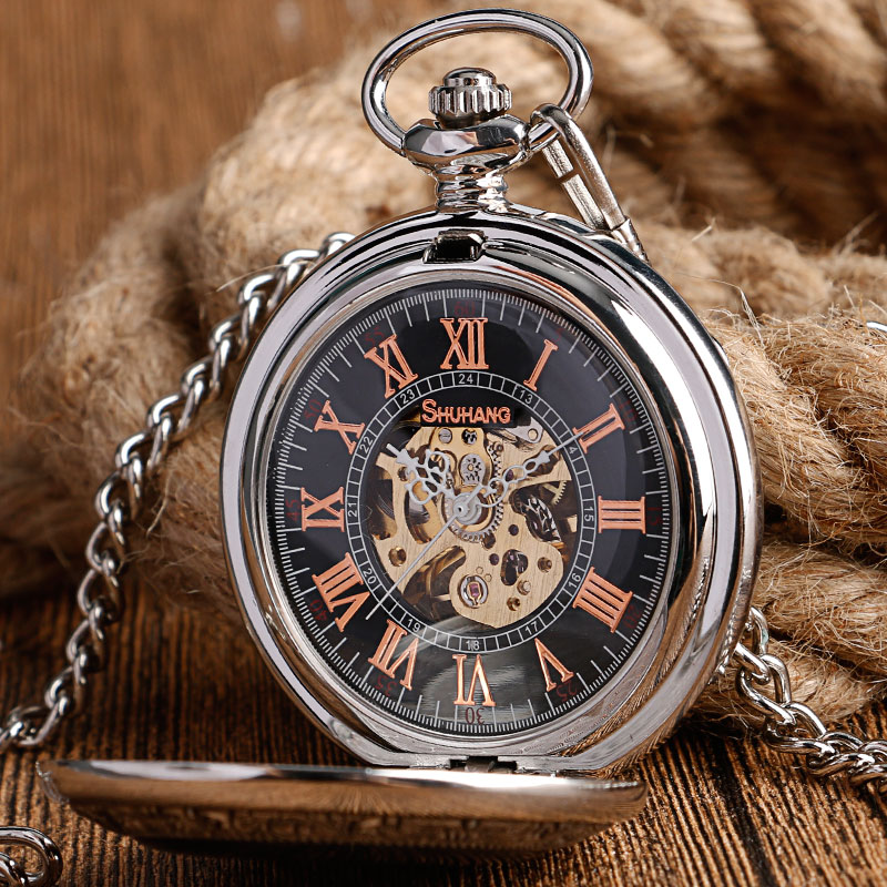 Vintage silver mechanical pocket watch with ornate design and clear Roman numerals, perfect for unisex fashion statement.