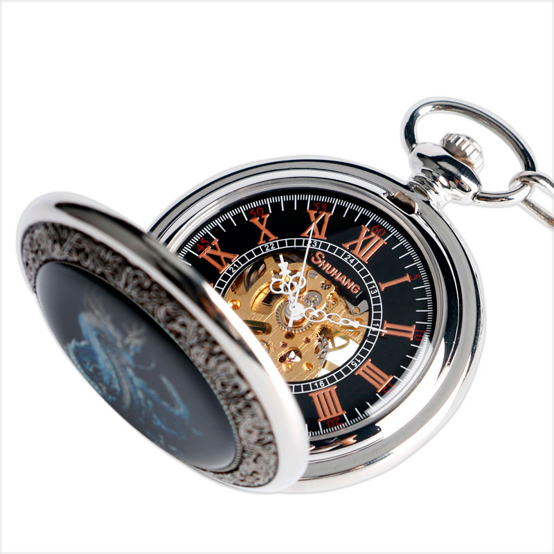 Vintage silver mechanical pocket watch with sky dragon design, showcasing a stylish unisex accessory.