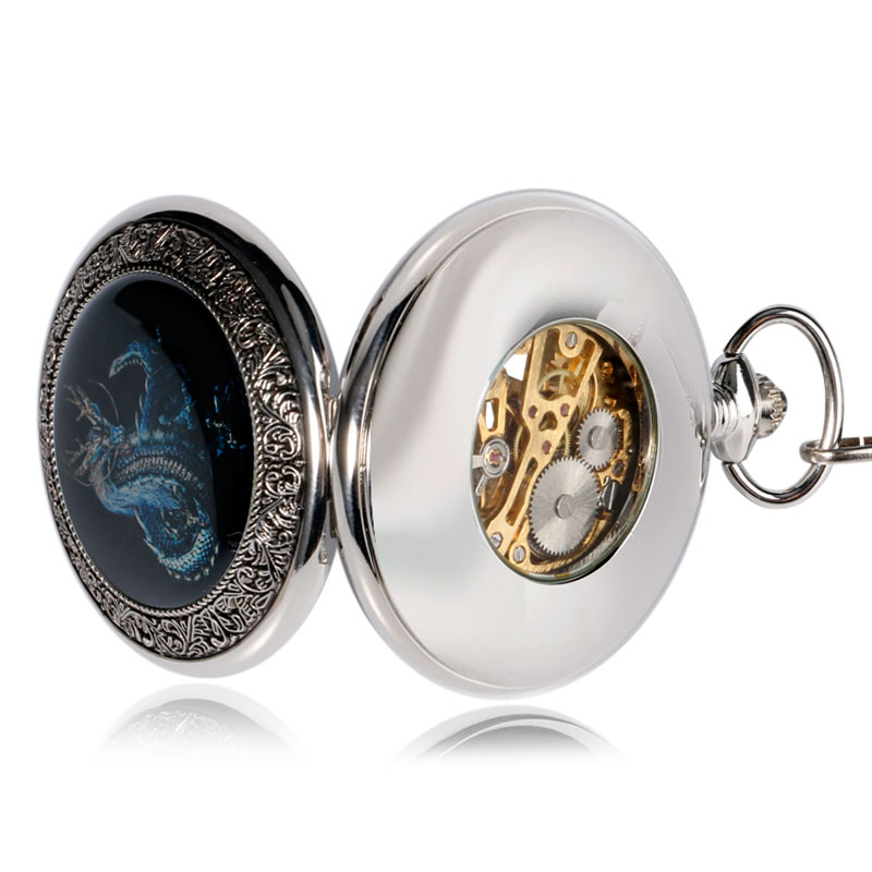 Vintage silver mechanical pocket watch featuring a blue dragon design, perfect accessory for unisex fashion.