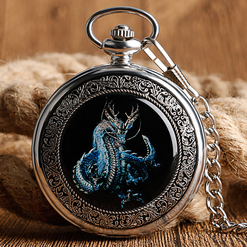 Vintage silver mechanical pocket watch with blue dragon design, perfect unisex fashion accessory.