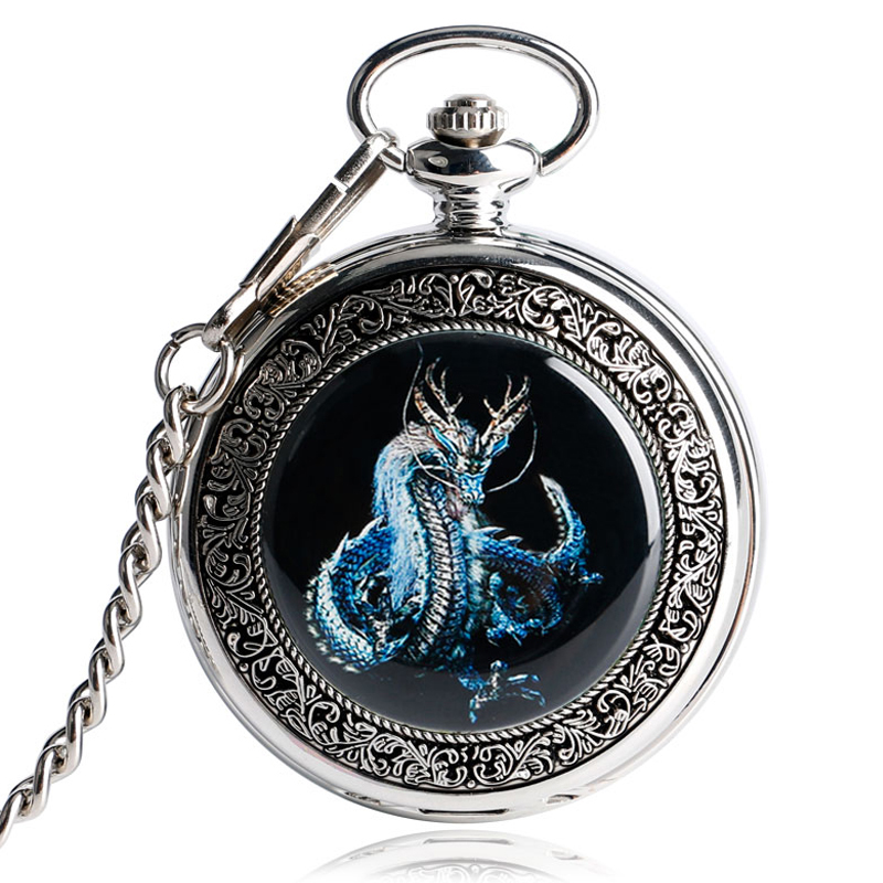 Vintage silver pocket watch featuring a striking blue dragon design, perfect for unisex fashion and stylish gifts.