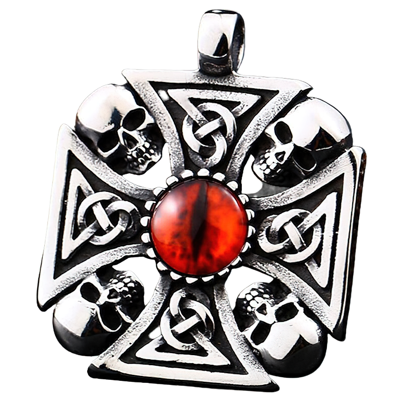 Vintage Viking-Celtic pendant with skulls and snake eye, crafted from stainless steel for gothic style.