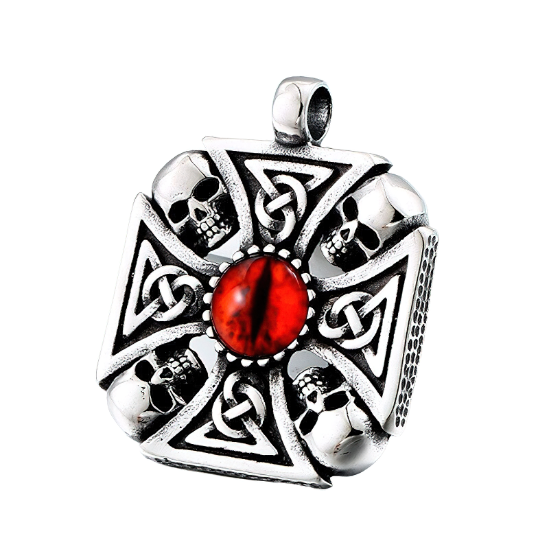 Vintage stainless steel Viking-Celtic pendant with skulls and snake eye, gothic unisex accessory.