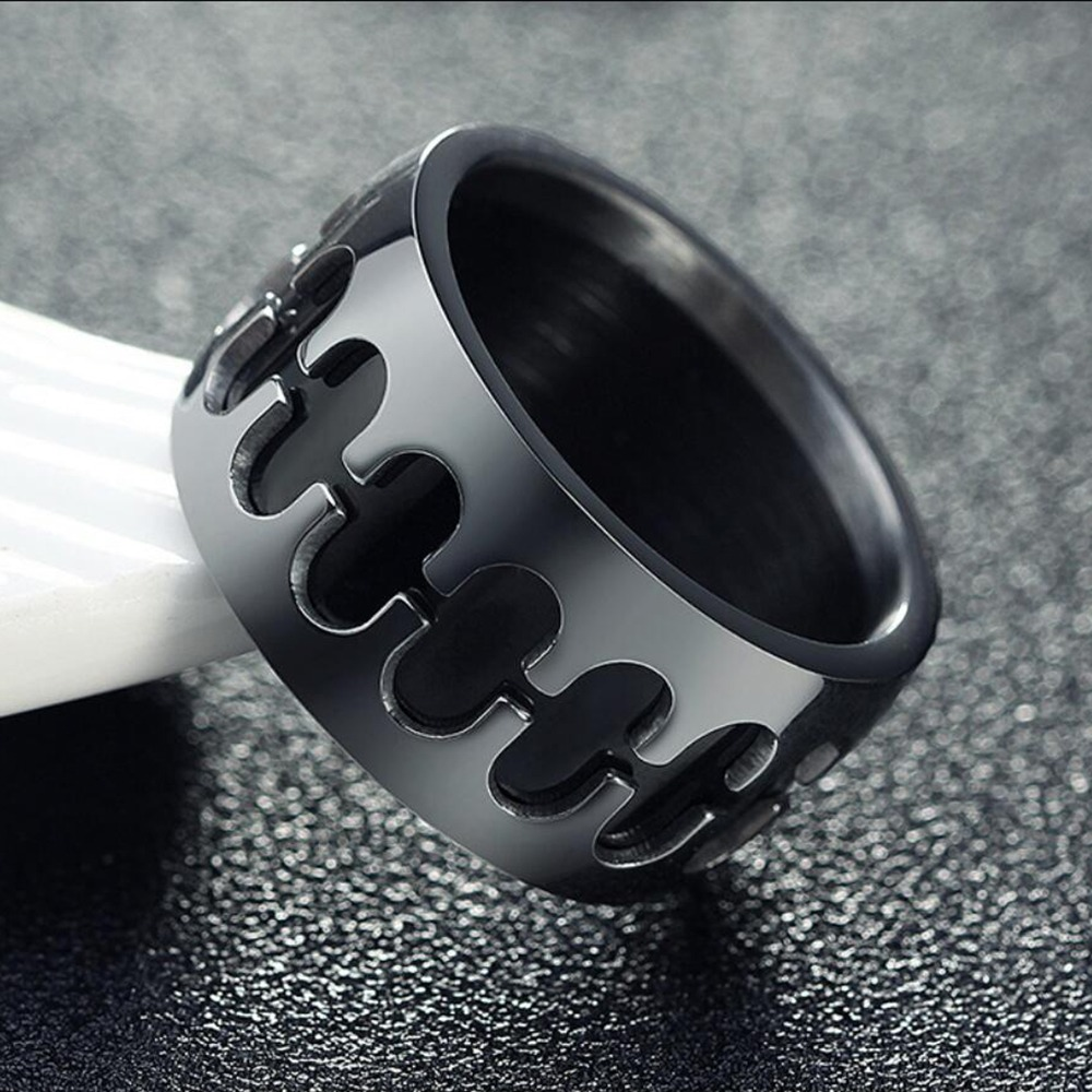 Vintage stainless steel band ring with unique cut-out design, perfect for punk style unisex jewelry.