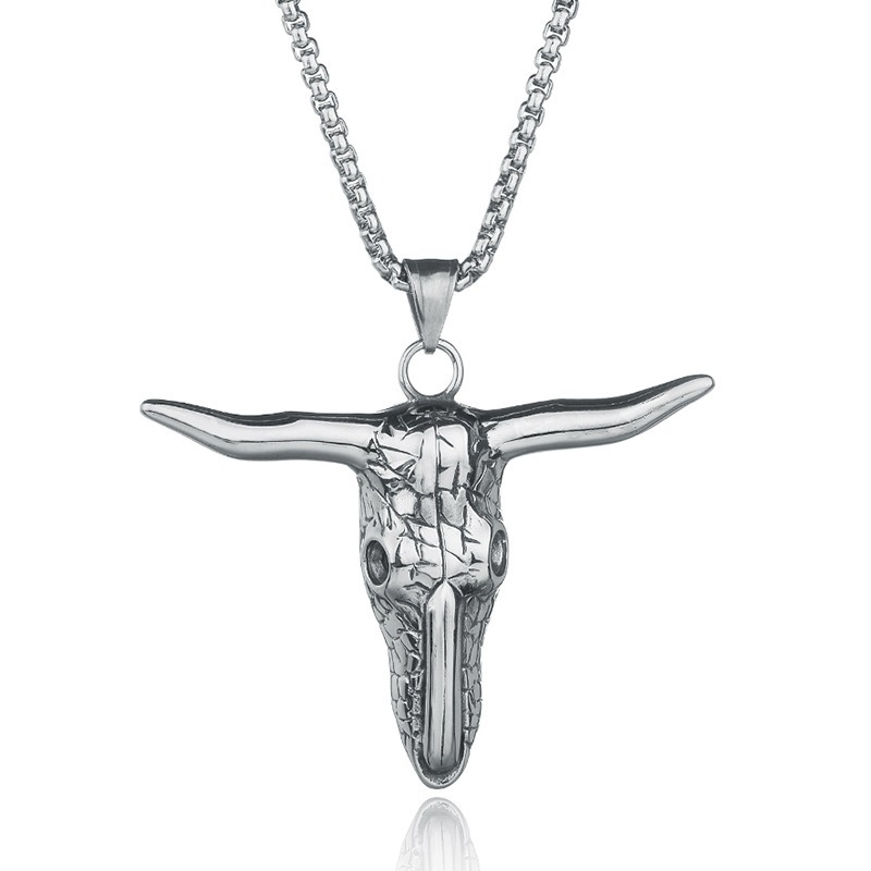 Vintage stainless steel bull head pendant necklace, perfect for alternative fashion enthusiasts.