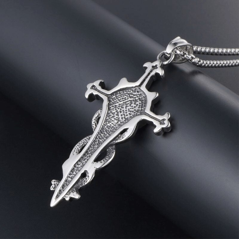Vintage Stainless Steel Cross Pendant Necklace / Fashion Five-pointed Star Decorated Sword Pendant