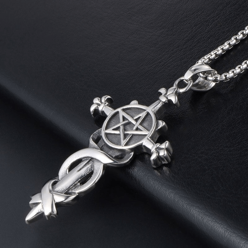 Vintage Stainless Steel Cross Pendant Necklace / Fashion Five-pointed Star Decorated Sword Pendant