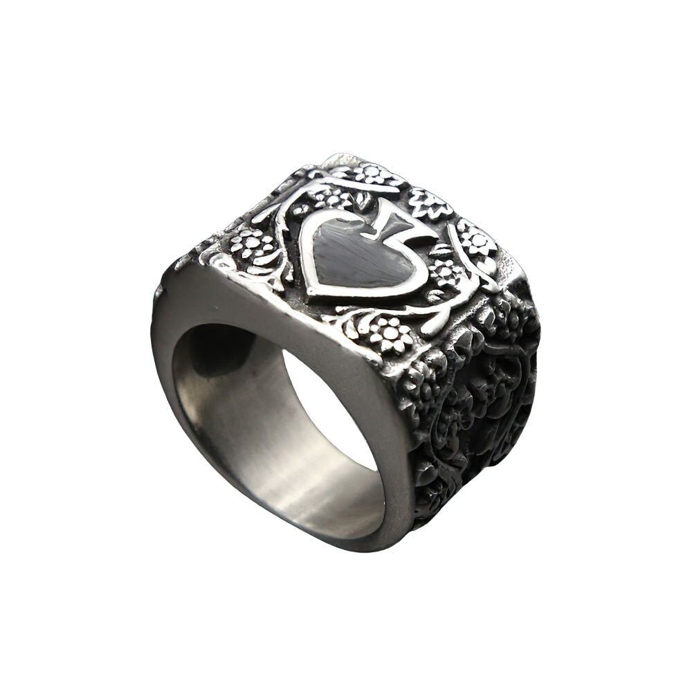 Vintage stainless steel men's ring with floral and heart design, perfect for rock-style outfits.