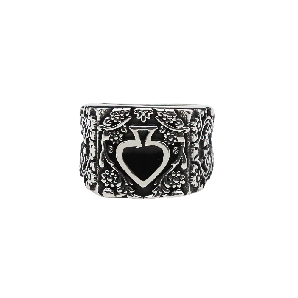 Vintage stainless steel men's ring with floral design and heart shape, ideal for rock-style accessories.
