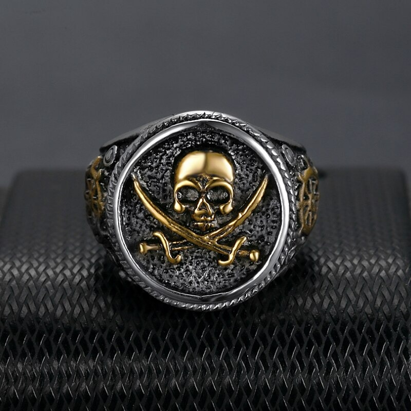 Vintage stainless steel pirate ring with skull and crossbones design, stylish punk accessory for men.
