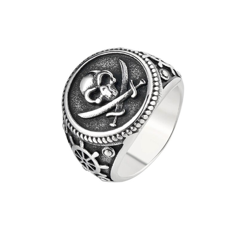 Vintage stainless steel pirate skull ring featuring crossed swords and intricate details for a punk accessory look.