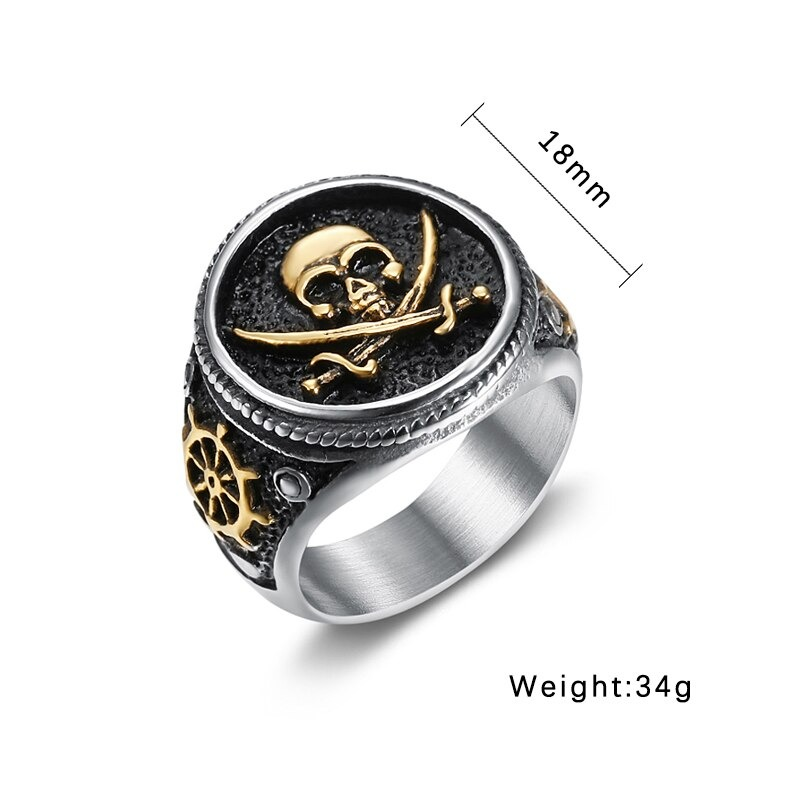 Vintage stainless steel pirate skull ring with gold accents and skeleton design, perfect punk accessory for any outfit.