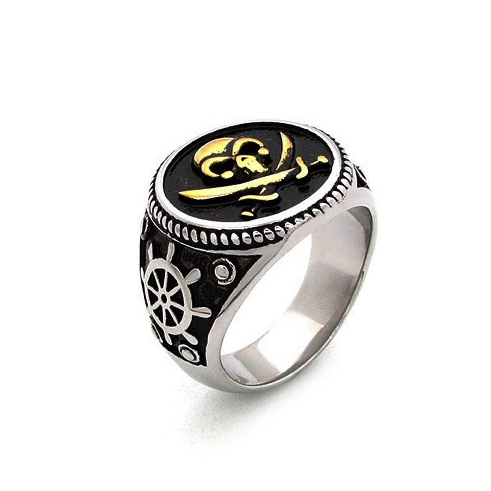 Vintage stainless steel pirate skull ring, punk accessory with black and gold design, perfect for trendy outfits.