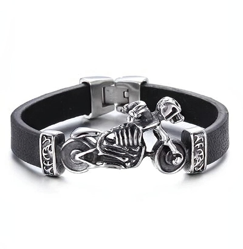Vintage stainless steel motorcycle skull charm leather bracelet, perfect for stylish bikers.