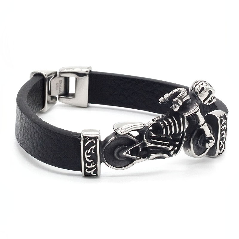 Vintage stainless steel motor skull charm leather bracelet for bikers, perfect for adding flair to your outfit.