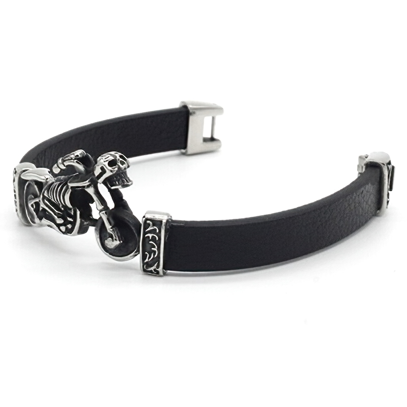 Vintage stainless steel motorcycle skull charm leather bracelet for bikers, cool black biker jewelry accessory.