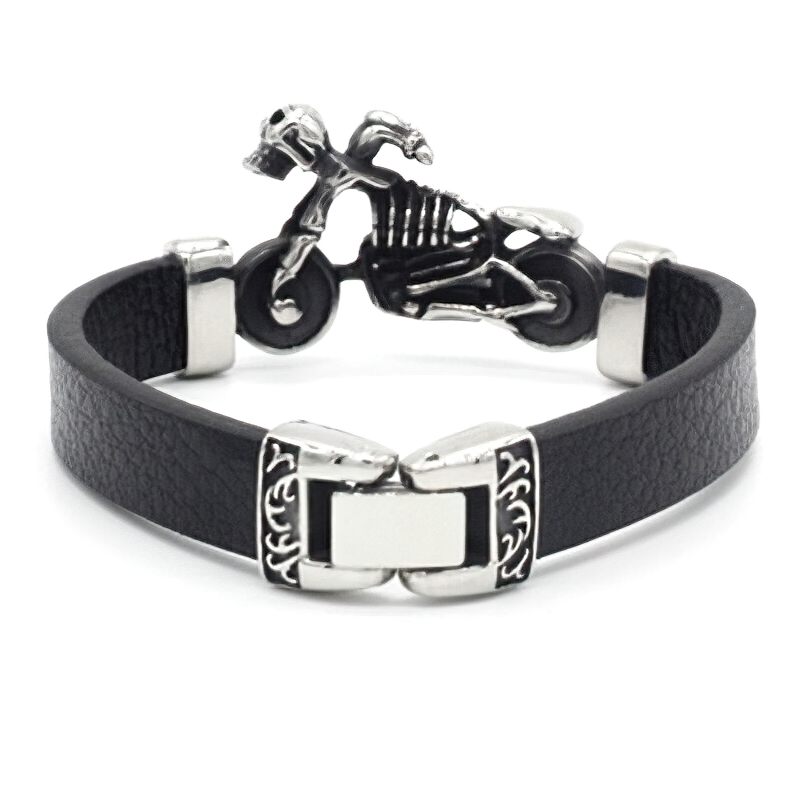 Vintage Stainless Steel Motor Skull Charms Leather Bracelet / Cool Black Biker Bracelets - HARD'N'HEAVY