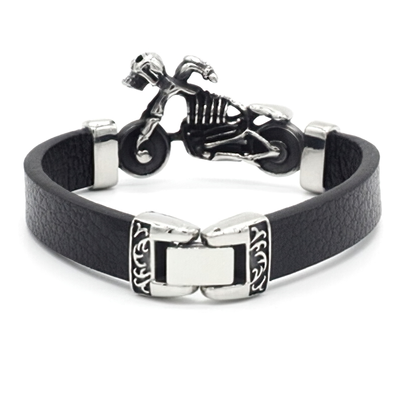 Vintage stainless steel motor skull charm on a black leather biker bracelet, perfect for trendy biker outfits.